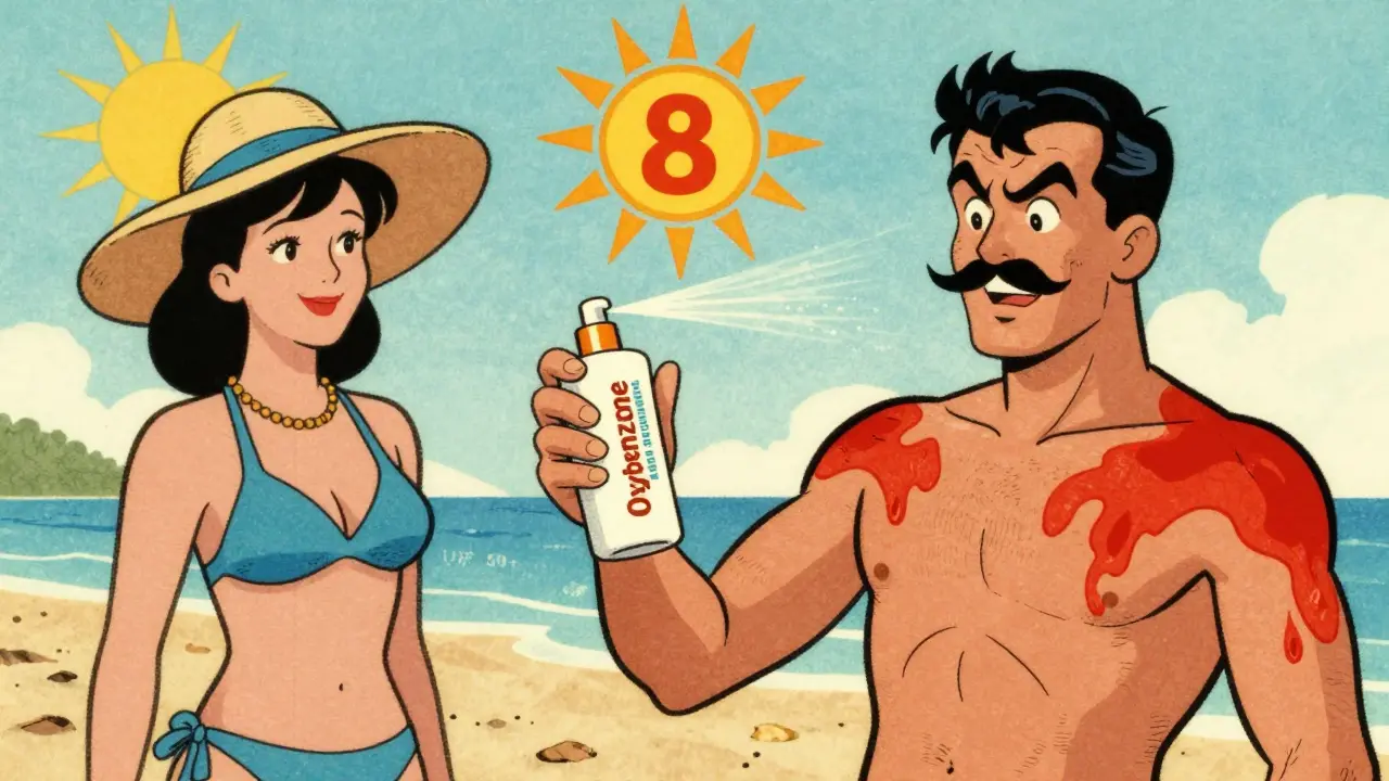 Man applying sunscreen as a villainous bottle sprays UVA rays, woman in protective clothing smiles nearby in retro comic style.