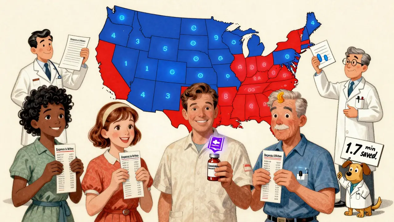 Map of U.S. showing states with different generic substitution rules, patients holding receipts, pharmacist juggling paperwork.