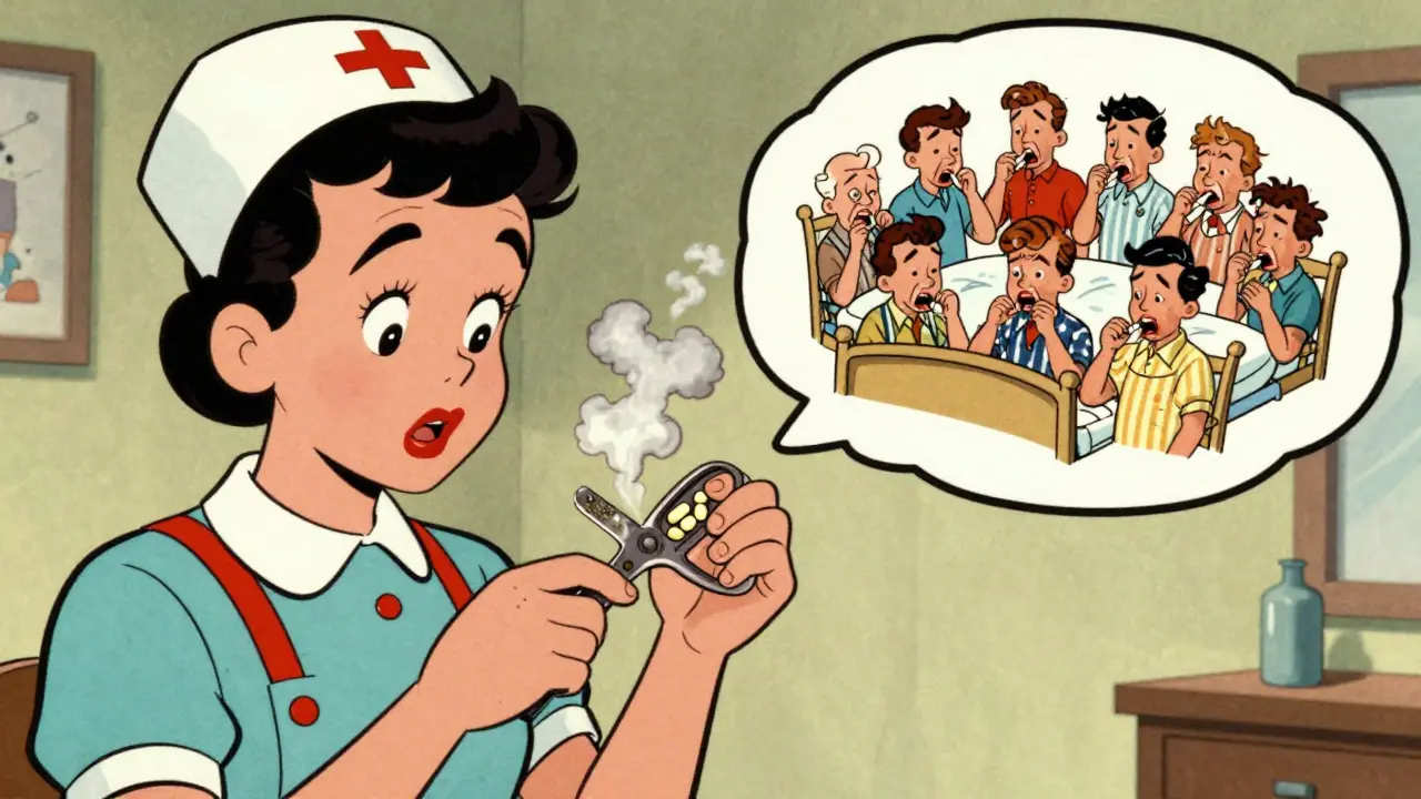 Nurse using shared pill splitter with toxic dust rising, 14 sick patients in thought bubble.