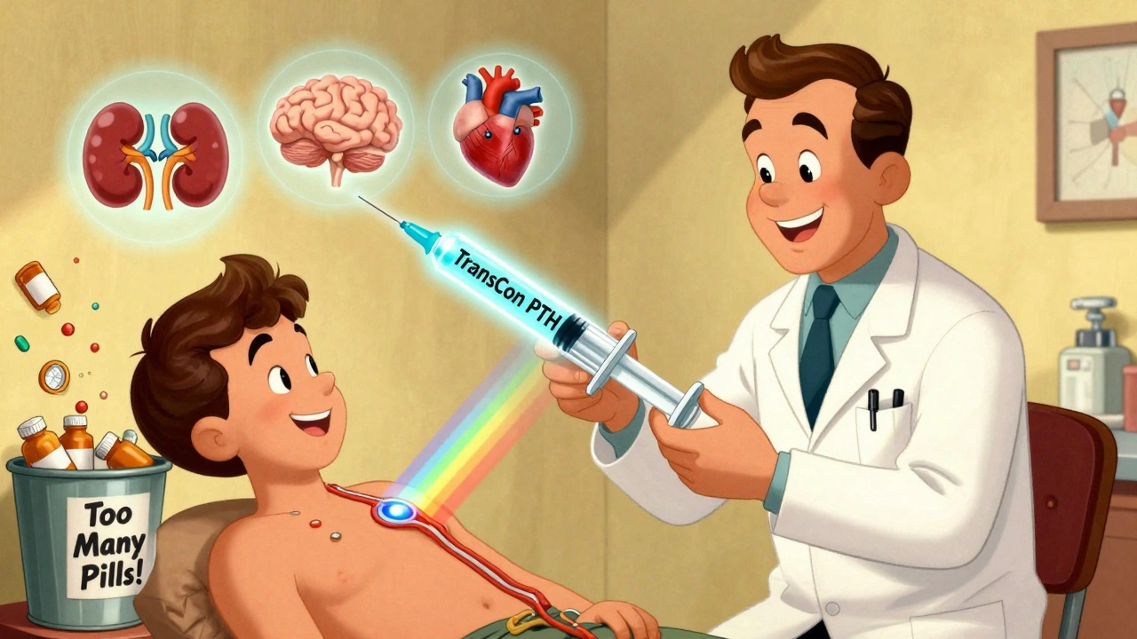 Patient getting PTH injection with glowing syringe, kidneys and heart glowing safely nearby.