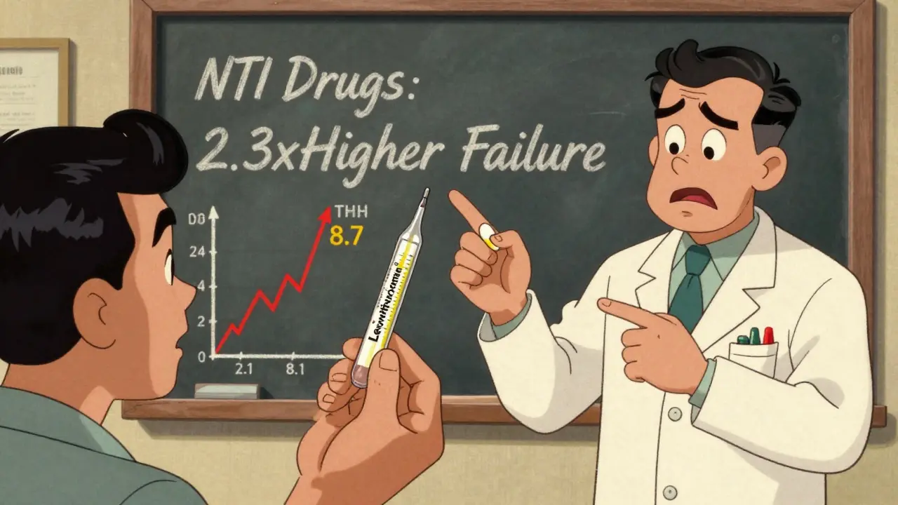 Patient holding two levothyroxine pills with rising TSH graph, pharmacist pointing