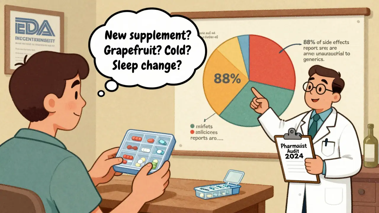 Patient using pill organizer with checklist of possible side effect causes.