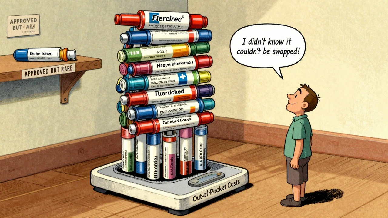 Patient weighed down by branded insulin pens, lone approved generic on distant shelf.