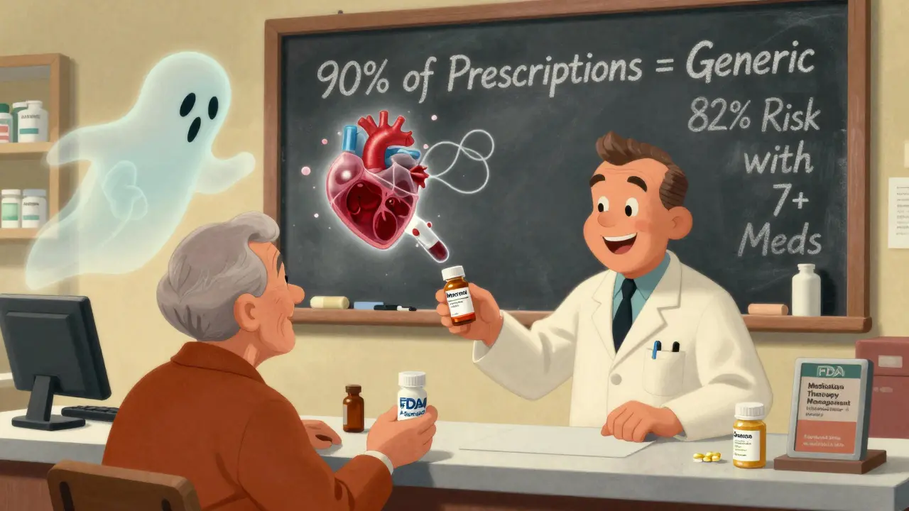Pharmacist handing a generic pill to an older adult, with ghostly drug interaction figures floating above them.