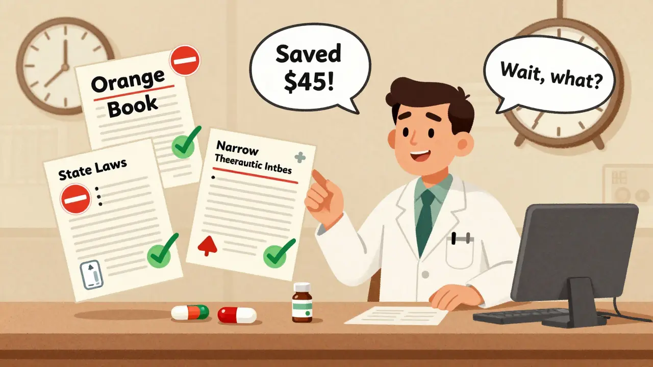 Pharmacist surrounded by legal icons and warning signs for high-risk medications in vintage cartoon style.