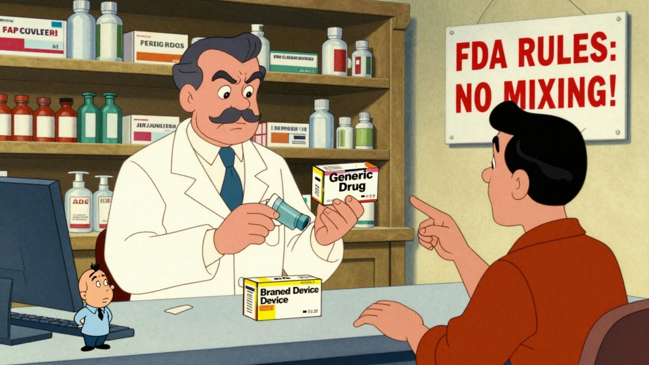 Pharmacist trying to combine separate drug and device parts, FDA inspector shaking head in background.