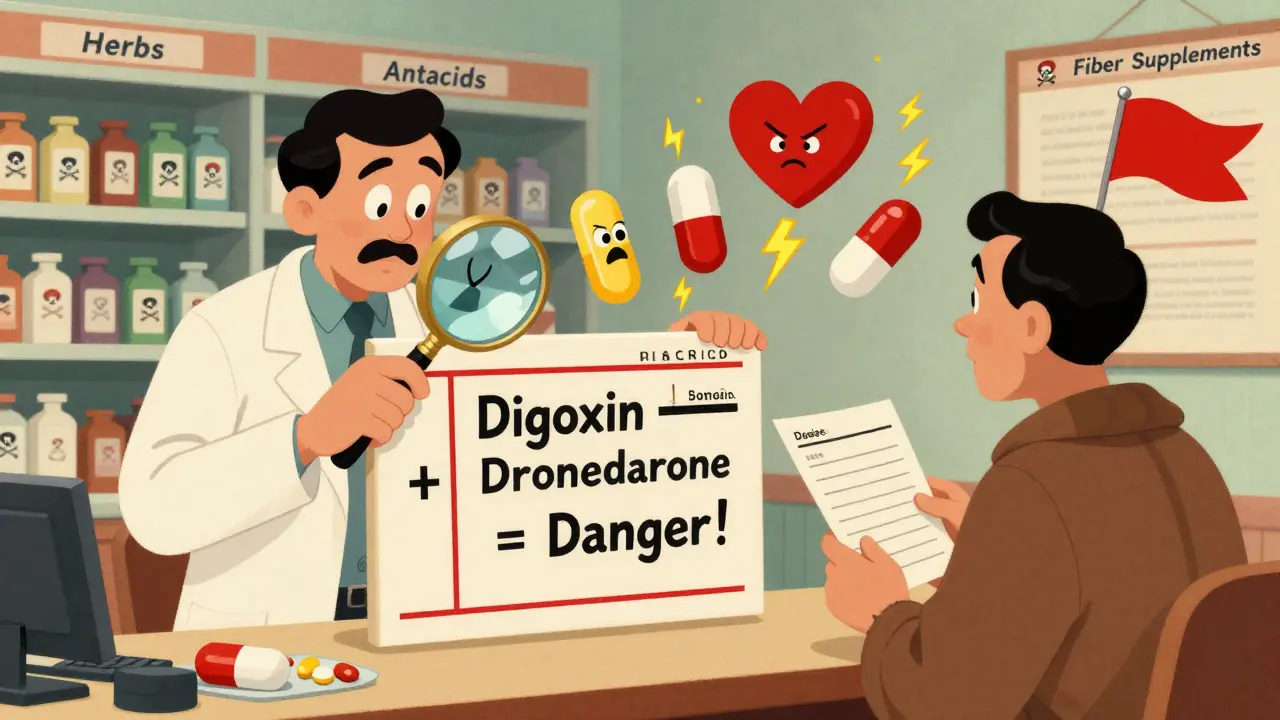 Pharmacist using magnifying glass to reveal dangerous drug interactions with digoxin on a prescription.