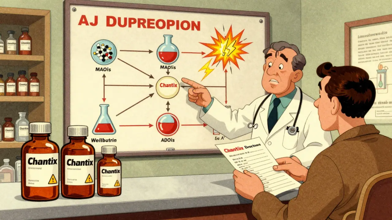 Pharmacy counter with dangerous drug interactions shown as explosions