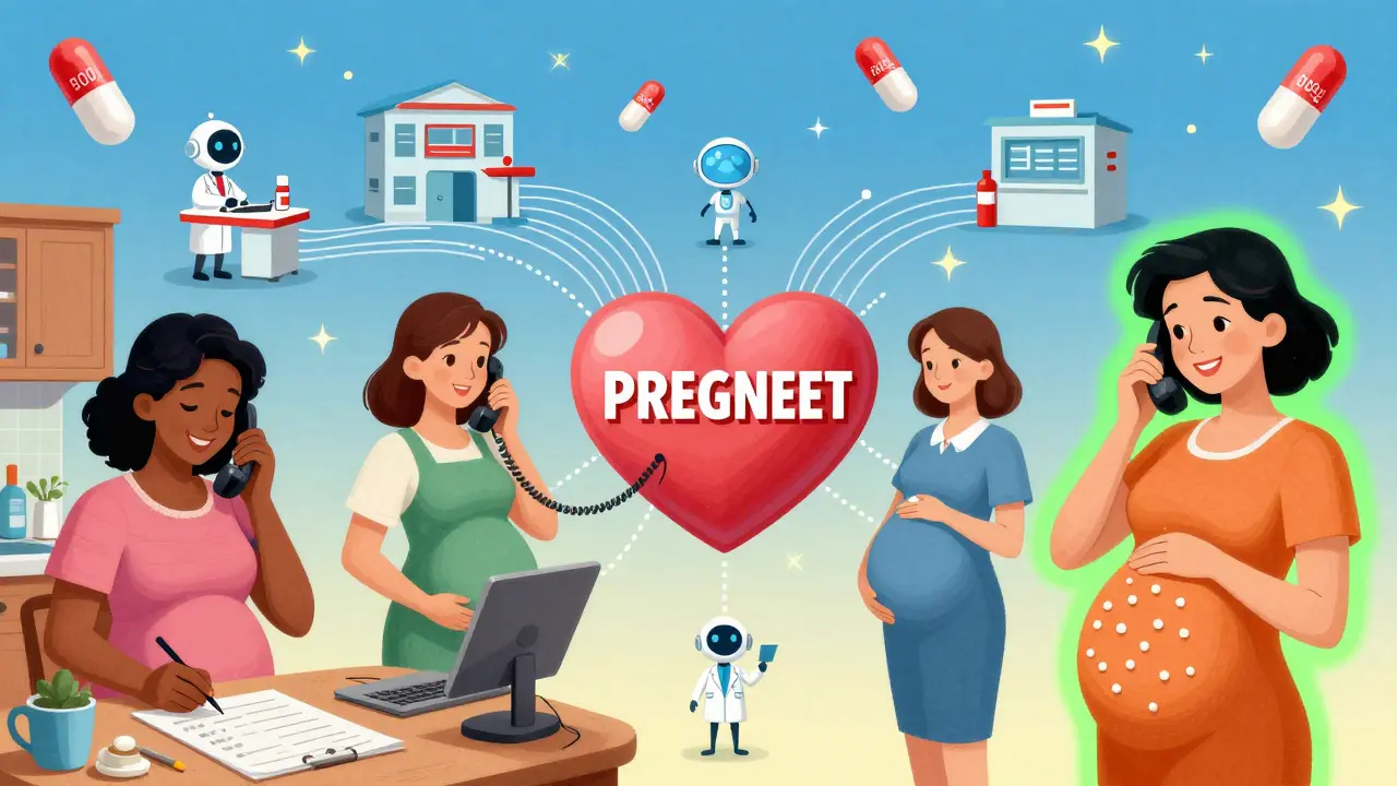 Pregnant women connected to a central safety hub with folic acid capsules glowing in the sky