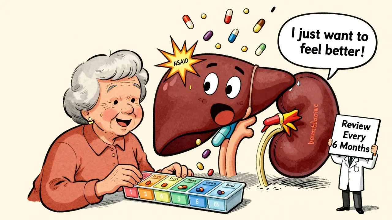 Senior woman using a color-coded pill organizer while cartoon liver and kidney struggle to process incoming medications.