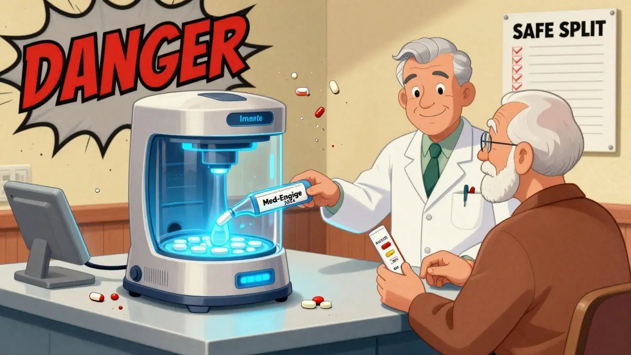 Smart pill splitter safely divides tablet as pharmacist delivers pre-split dose, chaotic danger in background.