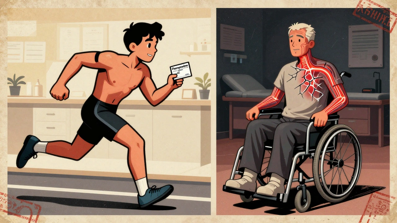 Split-panel cartoon showing athlete before and after fluoroquinolone nerve and tendon damage.