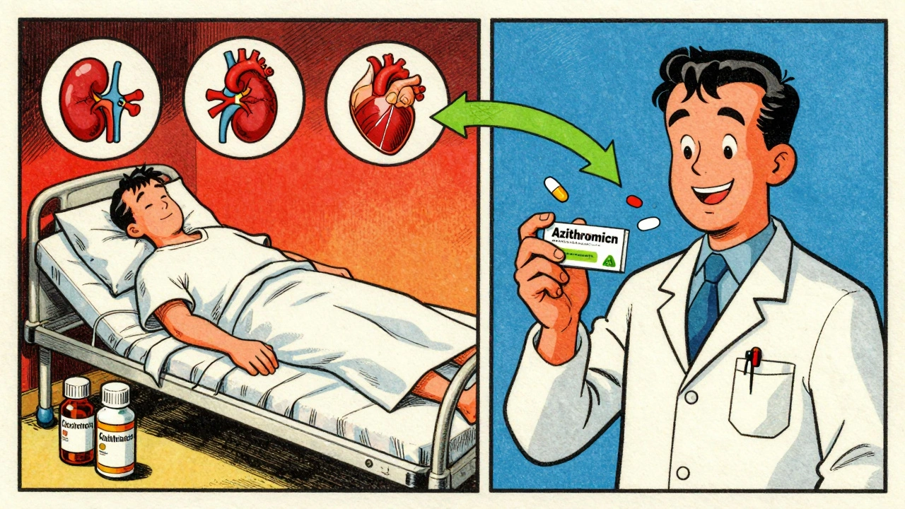 Split scene: patient collapsing from drug toxicity vs. recovering with safer antibiotic.