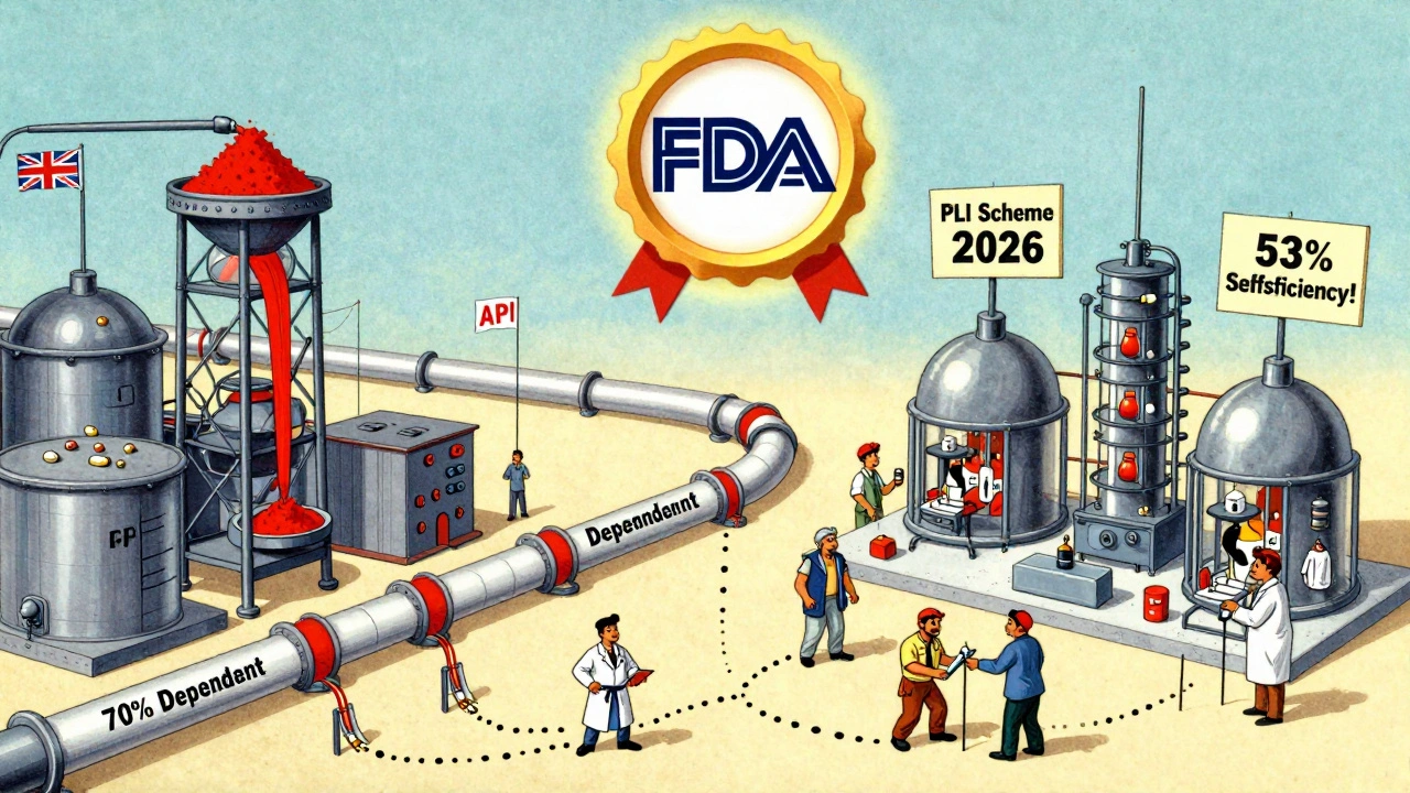 Supply chain cartoon showing dependence on China and India&#039;s push for self-sufficient API production.