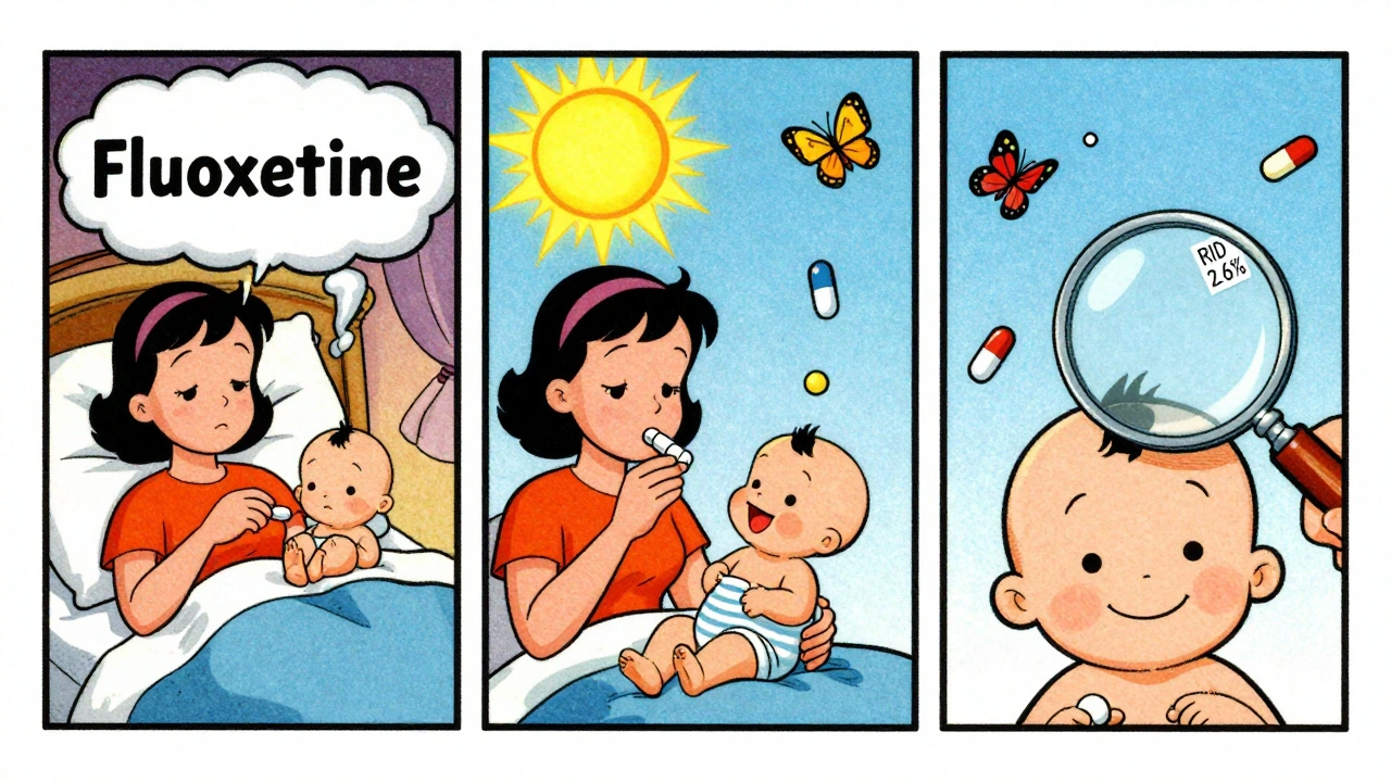 Three-panel cartoon comparing unsafe vs. safe medication timing for breastfeeding mothers.