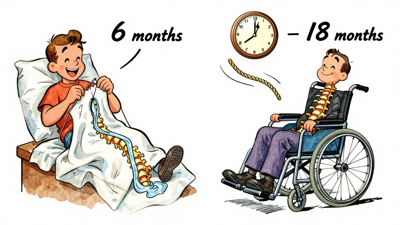 Two patients side by side: one recovering after surgery, one declined after delay, shown in vintage cartoon style with time comparison.