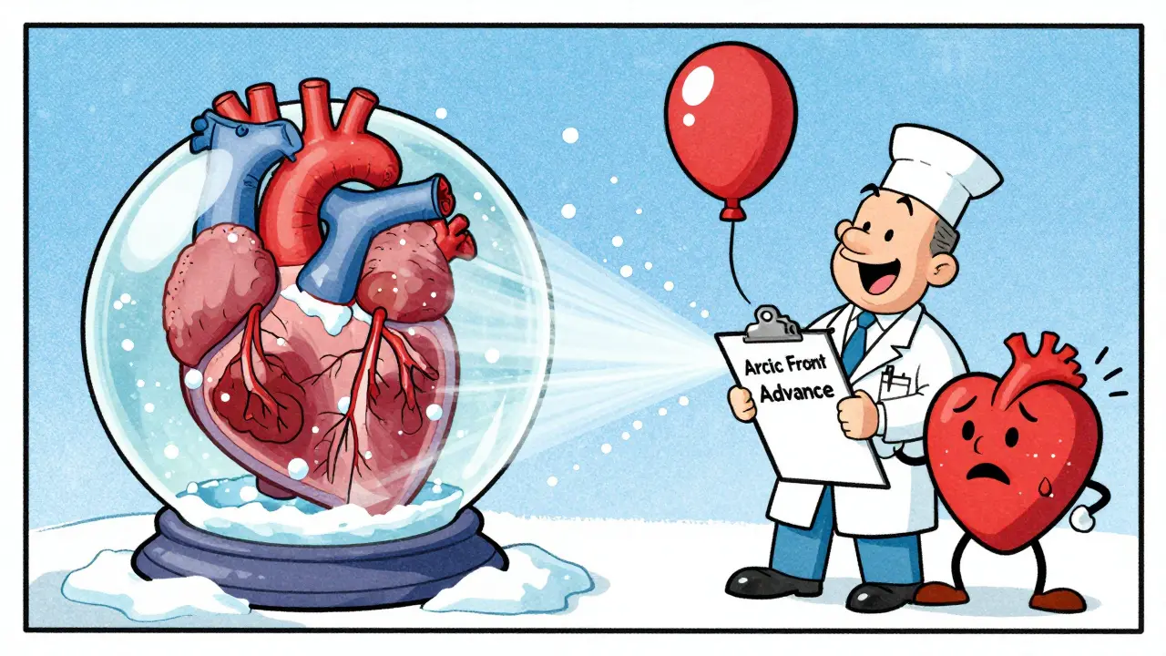 A balloon catheter freezing pulmonary veins inside a heart, with frosty particles and a smiling doctor.