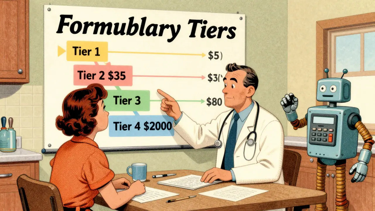 A doctor explains a four-tier drug formulary chart to a patient, with an insurance robot watching nearby.