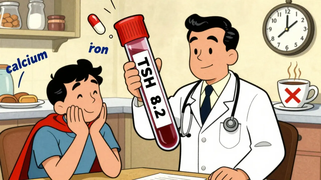 A doctor shows a high TSH blood test as a patient smiles, with a pill like a cape and coffee banned from the scene.
