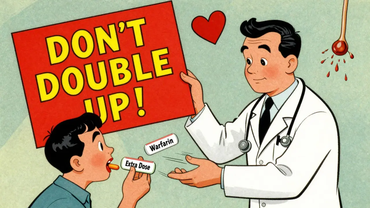 A doctor stopping a patient from taking two blood thinner pills at once, with a warning sign and symbolic clot.