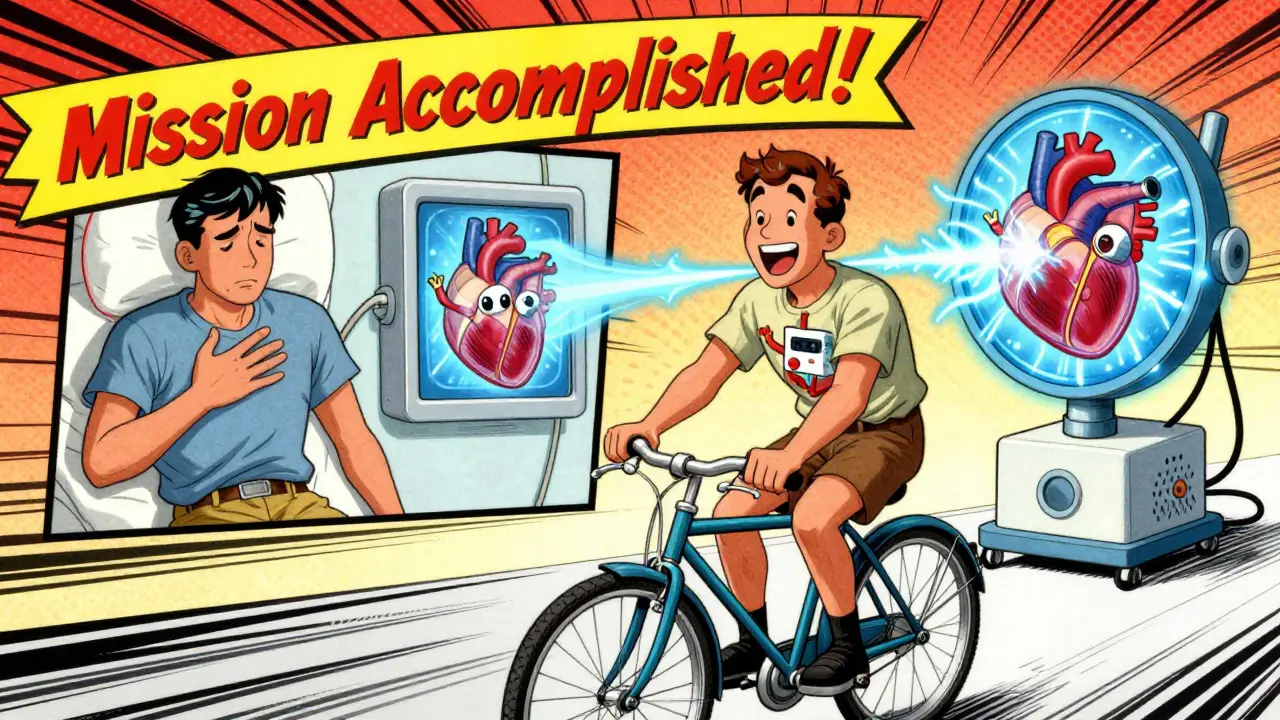 A patient biking happily with a tiny pacemaker and ICD as friendly robots, contrasting his past tired self.