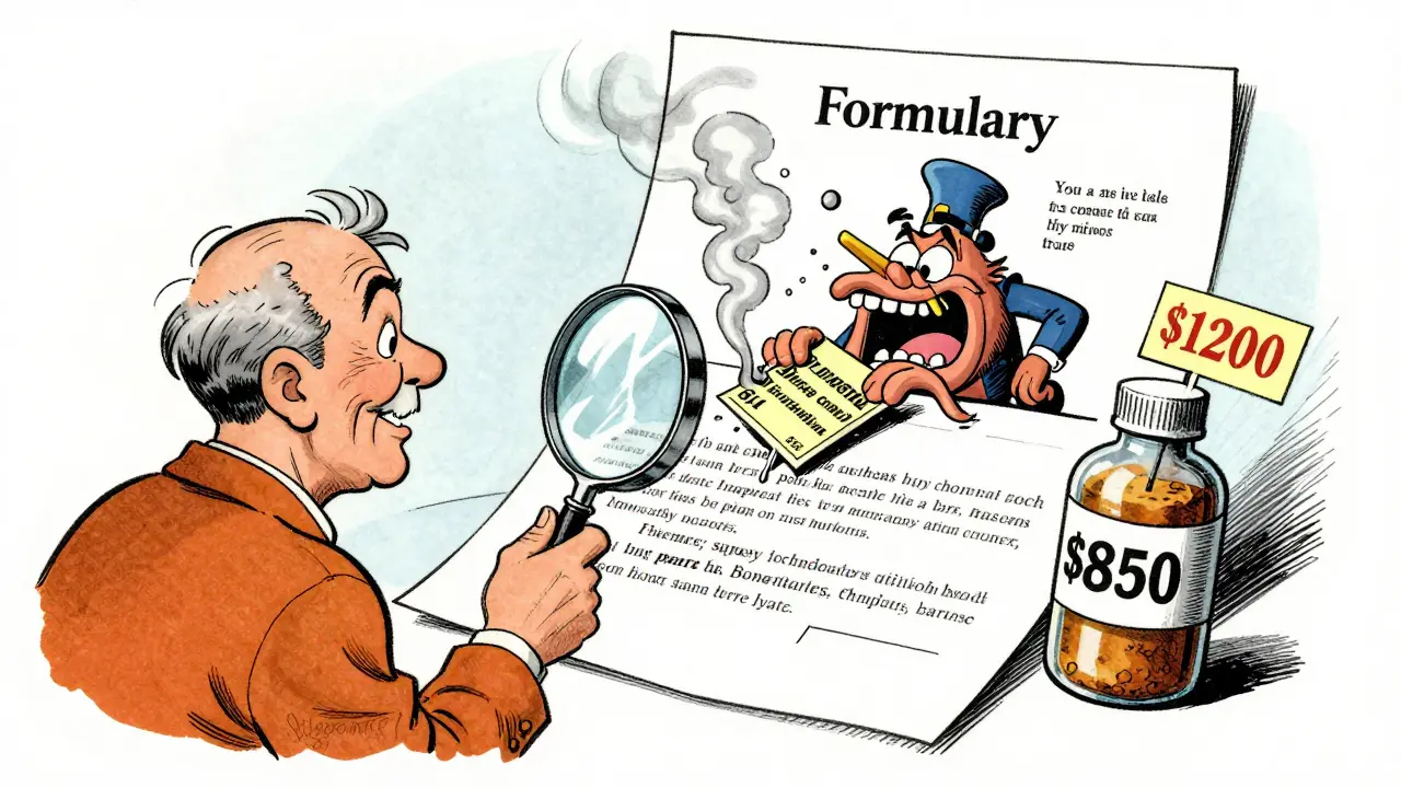 A patient examines an insurance formulary with a magnifying glass, uncovering hidden financial traps and misleading pricing.