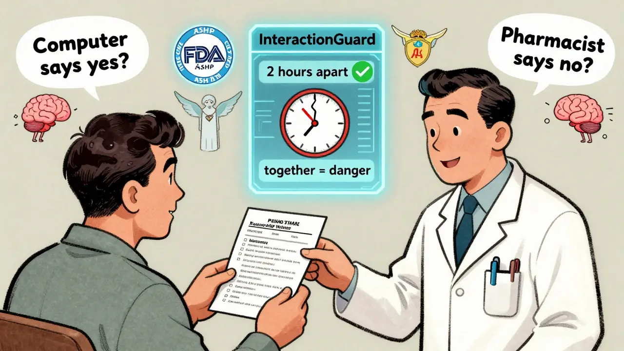 A patient giving a medication list to a doctor while a futuristic AI clock shows timing differences for drug safety.