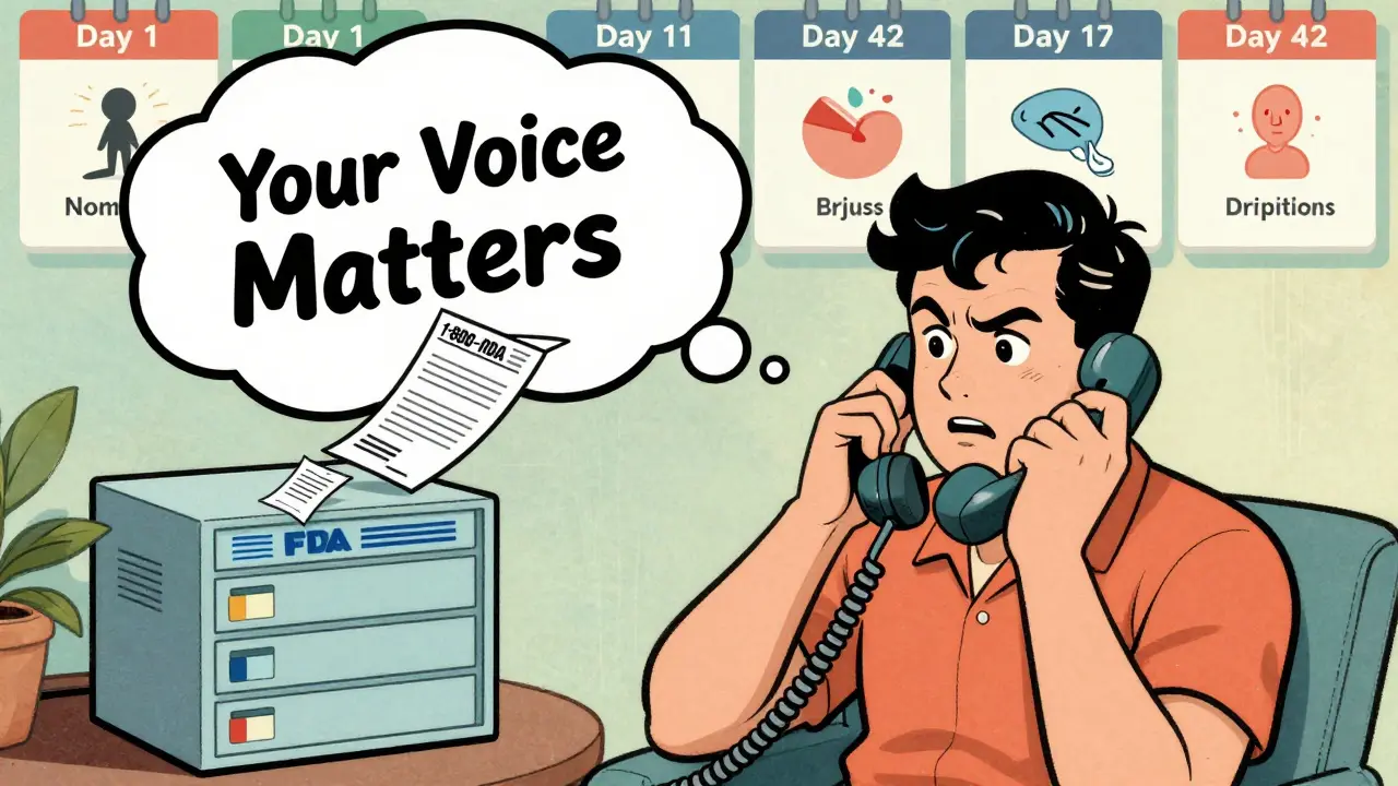 A person calling the FDA hotline, with reports flowing into a database as time passes and symptoms appear.