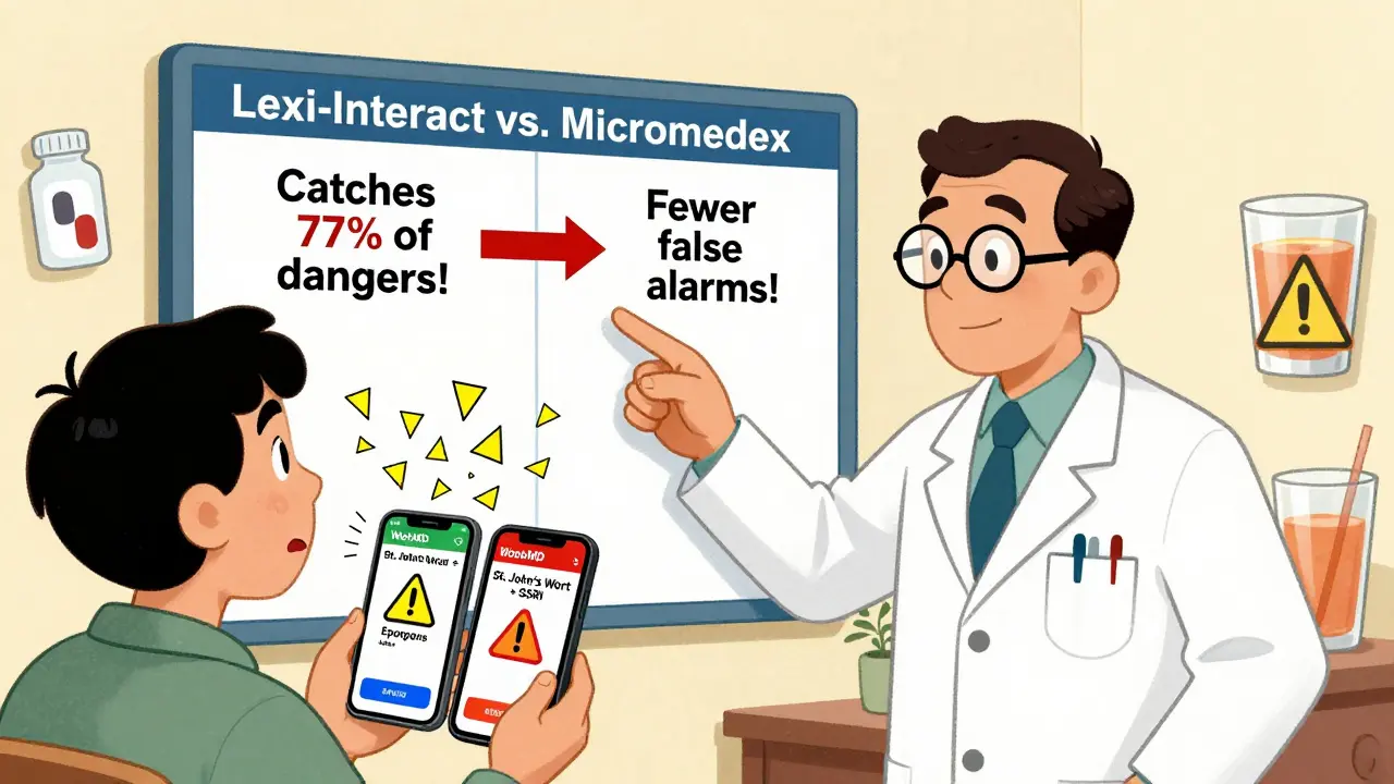 A pharmacist explaining drug checker tools to a patient, with exaggerated warning symbols floating around two different apps.