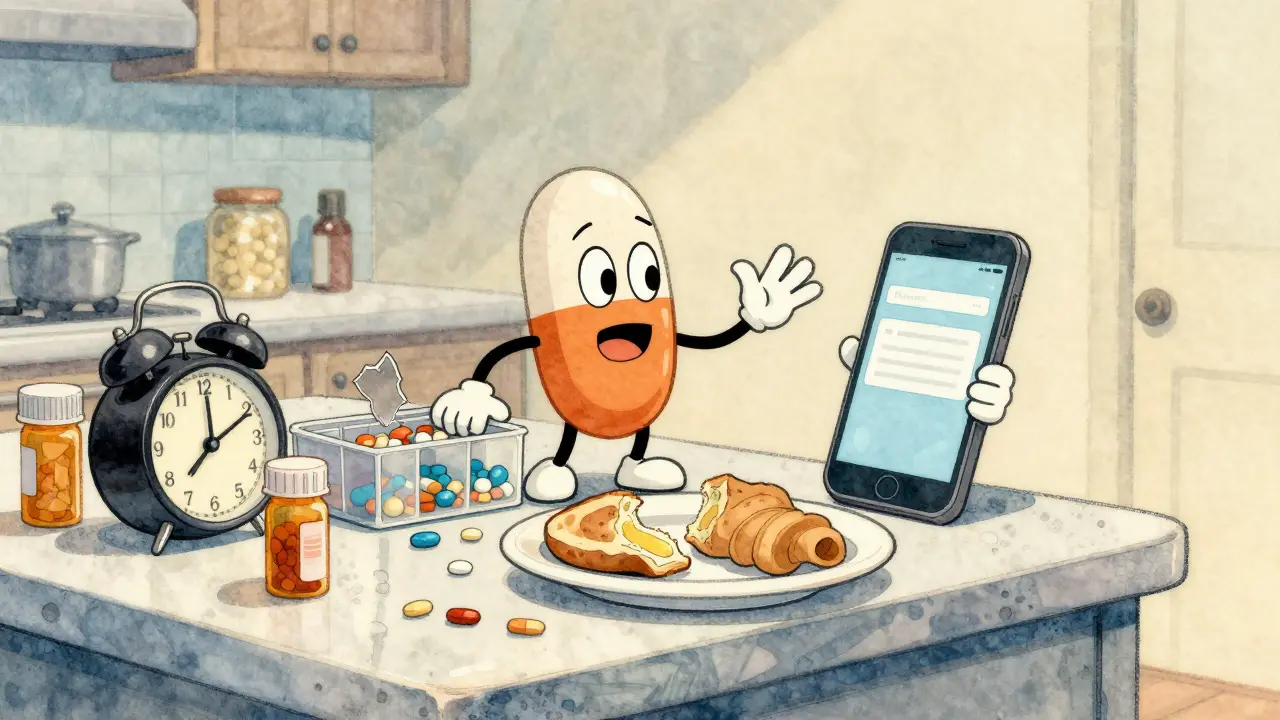 A pill with arms reaches toward a smartphone reminder on a cluttered kitchen counter, symbolizing support for adherence.