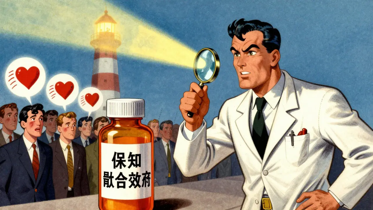 A superhero doctor analyzing a pill bottle, with symptoms rising as a signal light to protect others.