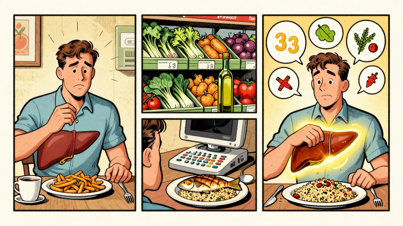 Comic panel sequence showing a man transforming his diet to improve his liver health.