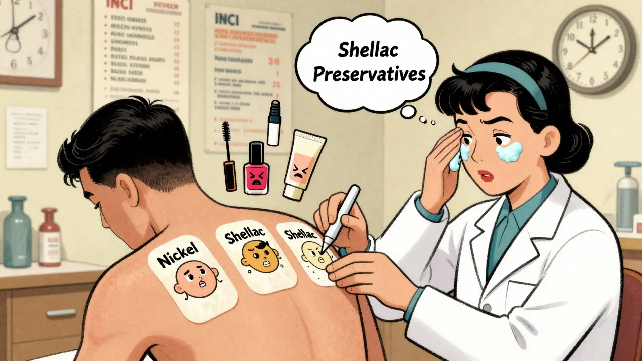 Dermatologist applying patch test to patient's back with floating cosmetic allergens in vintage cartoon style.