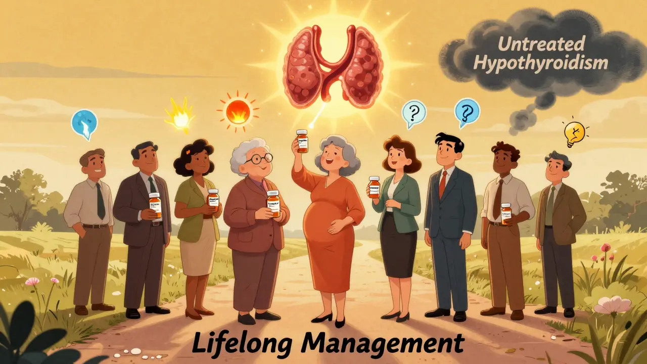 Diverse people take levothyroxine pills under a glowing thyroid sun, leaving behind a fading cloud of untreated illness.