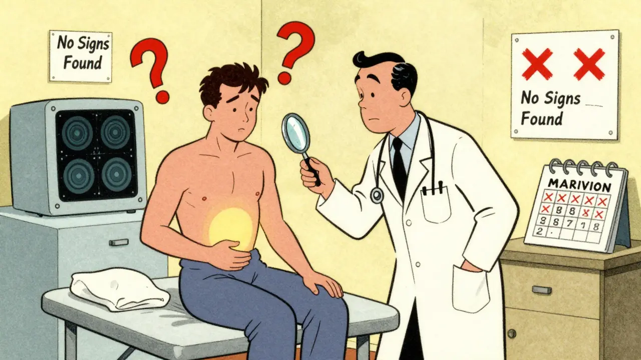 Doctor examining abdomen with magnifying glass while medical tests show no findings, representing IBS diagnosis challenge.