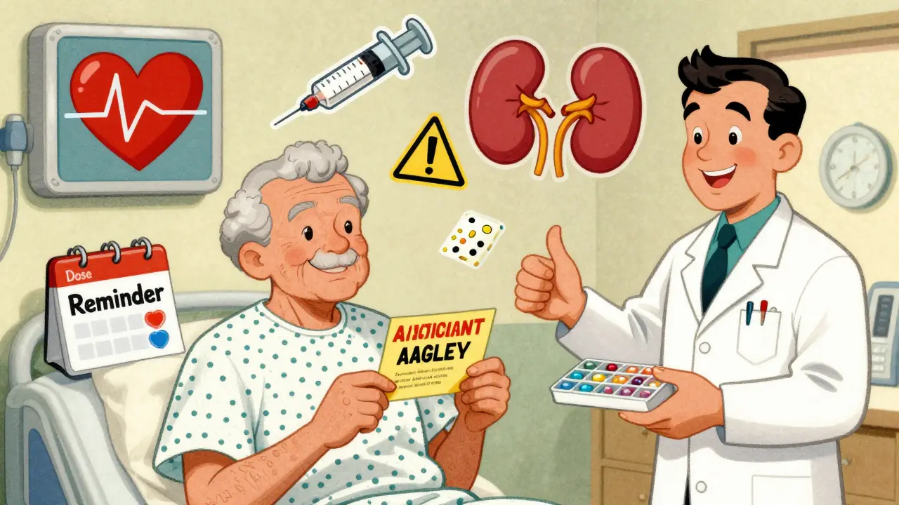 Elderly patient holds anticoagulant card with emergency icons and pharmacist handing pill organizer