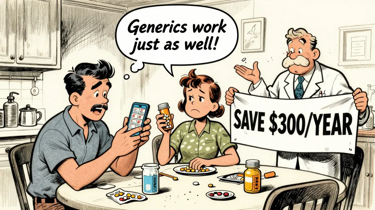 Family at kitchen table comparing drug prices, with a thought bubble about generic medications being effective.