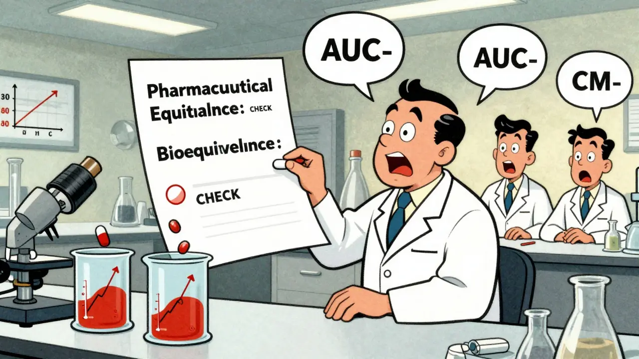 FDA inspector checking pill bioequivalence with glowing graphs and comic-style numerical readouts.