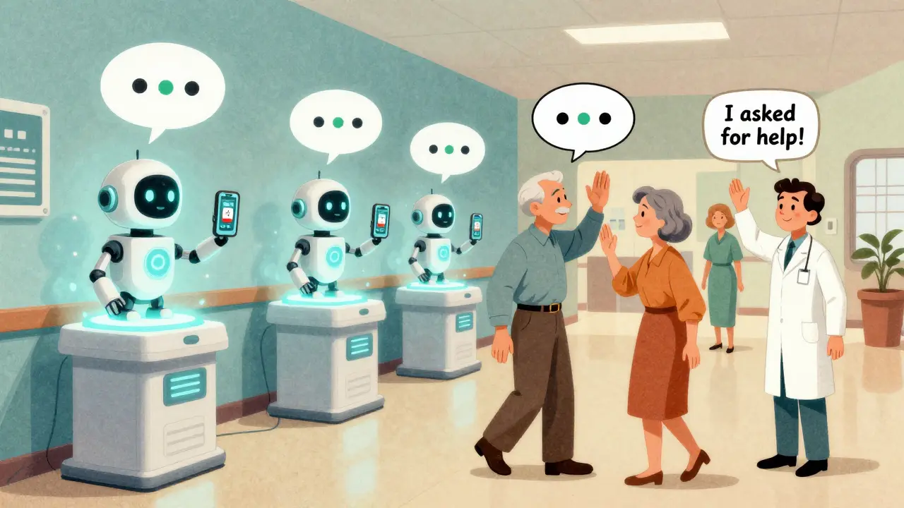 Friendly AI pill dispensers and patients with personalized trackers in a clinic hallway, representing modern adherence support.