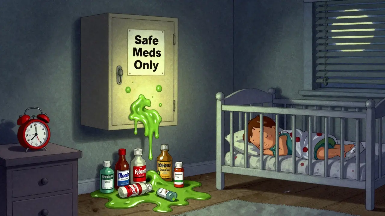 Locked medicine cabinet above a sleeping child, expired bottles melting into toxic sludge below