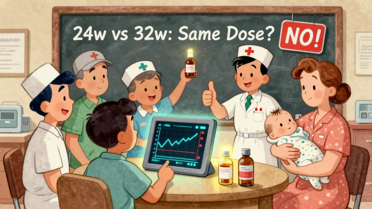 NICU team using a digital tablet to monitor drug dosing, with a chalkboard warning against incorrect doses.