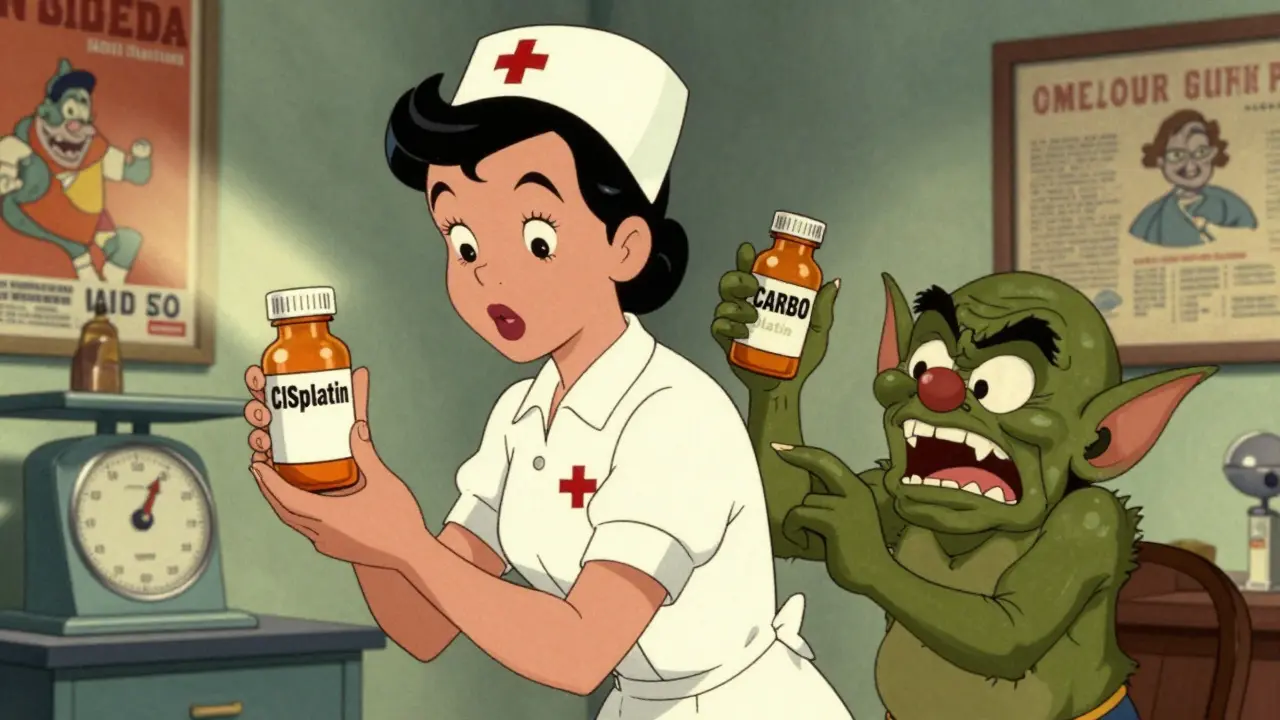 Nurse surrounded by confused gremlins trying to swap chemo drug bottles with tall man lettering.