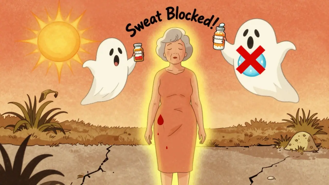 Older woman in heatwave with no sweat, anticholinergic pill bottle nearby, ghost symbols representing blocked sweating.