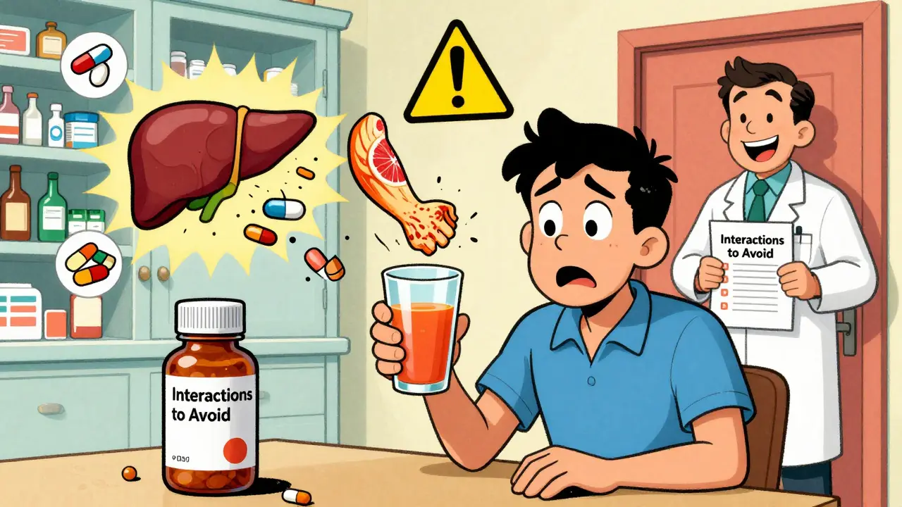 Patient alarmed by floating warnings as grapefruit juice clashes with statins, pharmacist offers help.