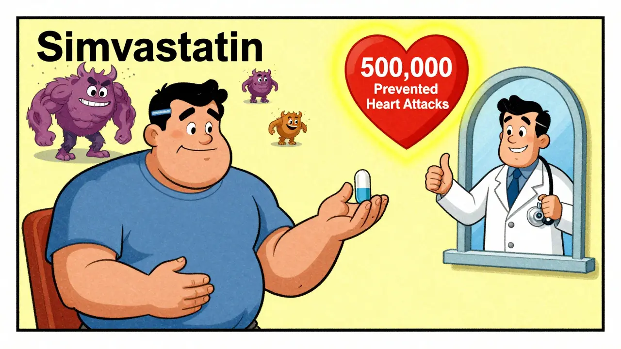 Patient happily switching from high-risk to low-risk statin as muscle pain monsters vanish, with a glowing heart shield in background.
