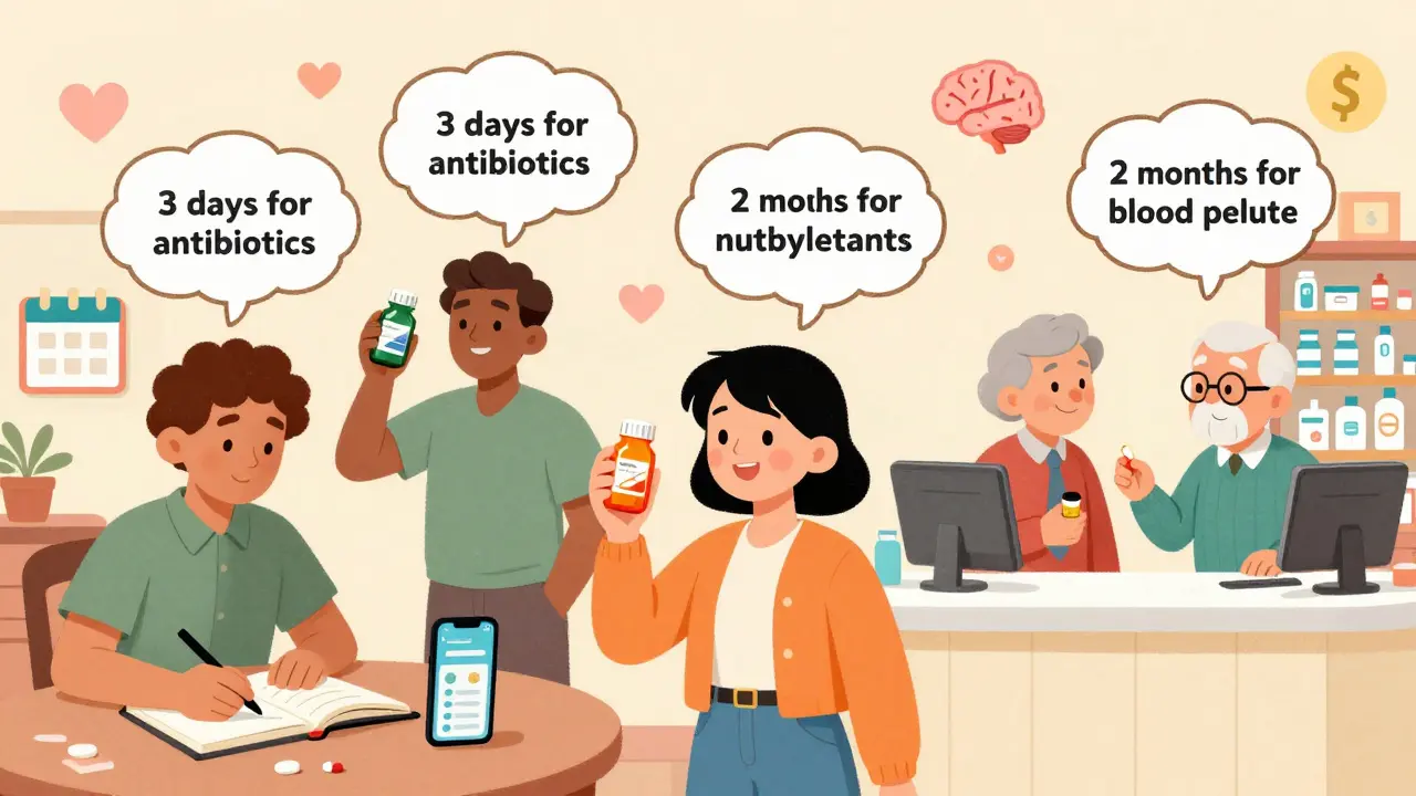 People in various settings with thought bubbles showing when meds work, journaling and using reminder apps.