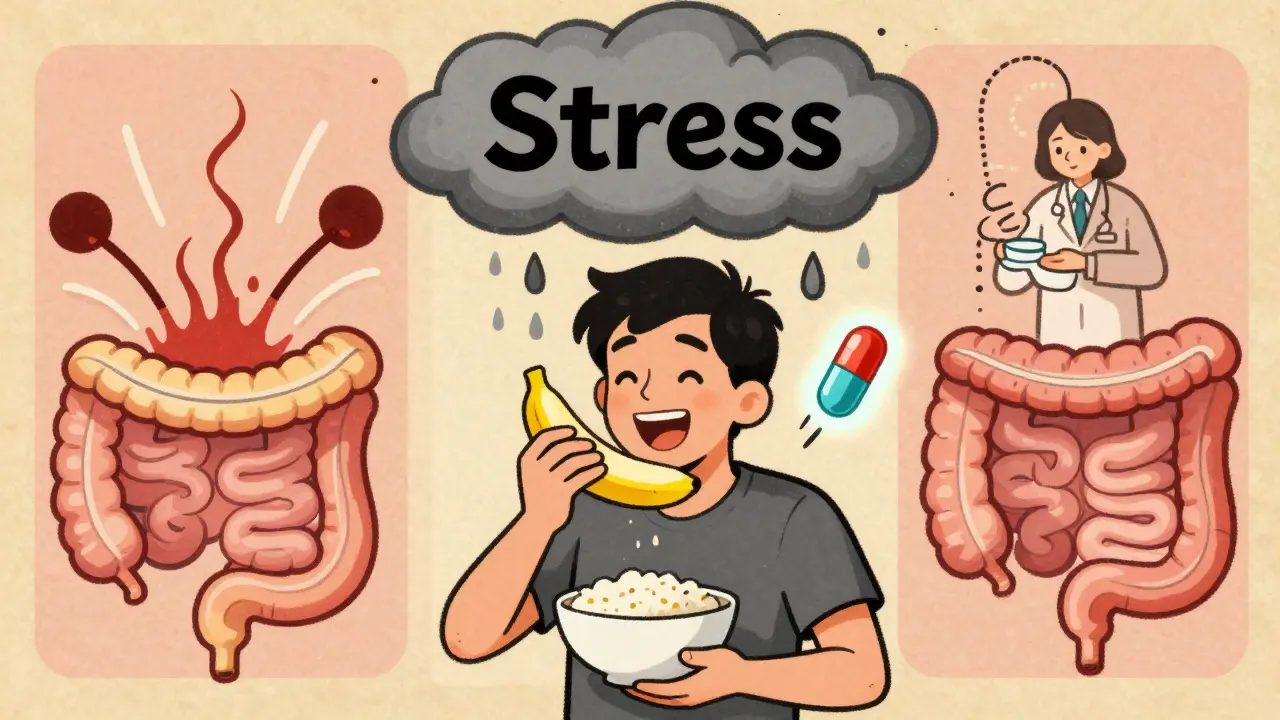 Person eating safe foods while stress fades and probiotic shines, illustrating IBS management through diet and therapy.