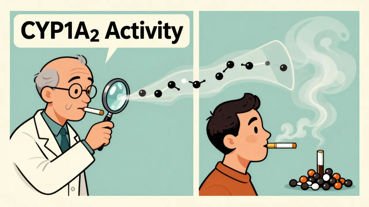 Pharmacist analyzing breath with magnifying glass, showing drug metabolism slowing after quitting smoking.