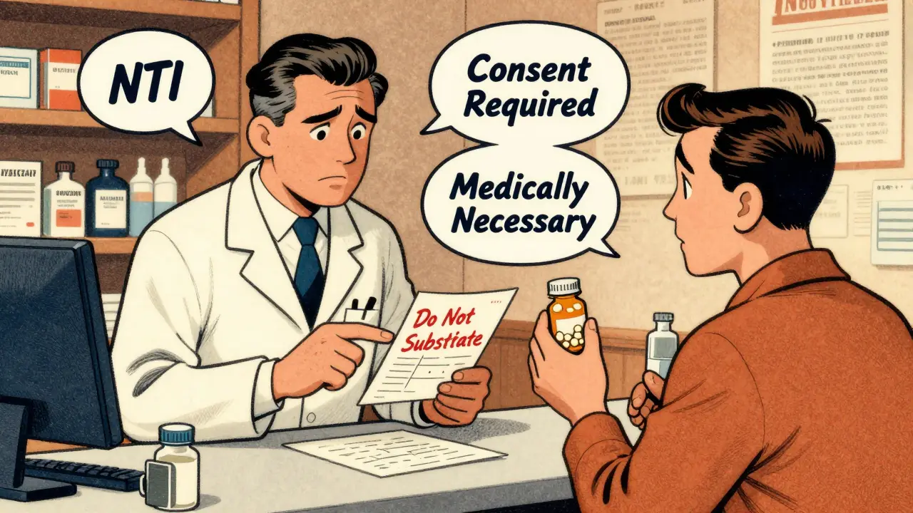 Pharmacist explains prescription restriction to patient, with legal terms floating in speech bubbles.