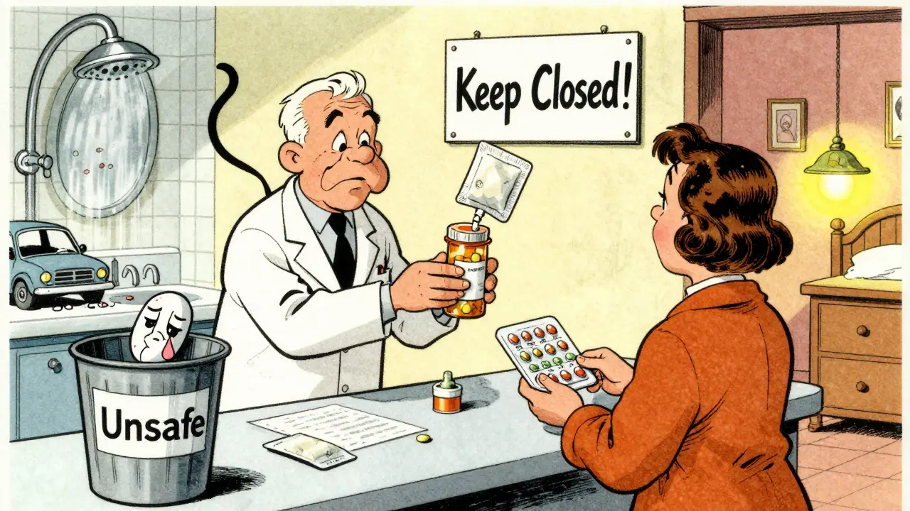 Pharmacist handing a safe pill bottle to a customer, with unsafe storage scenes in background.